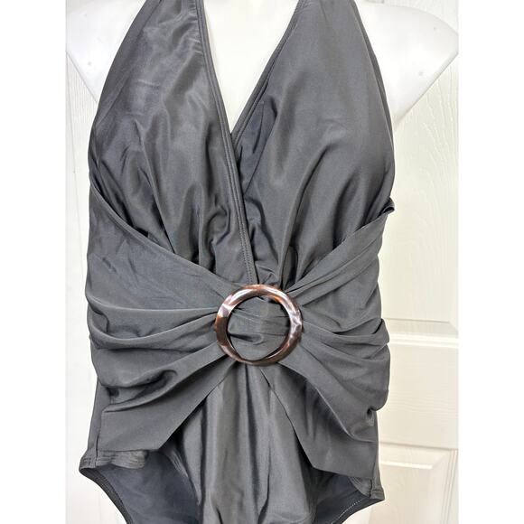 Women's Black Swimsuit Small Deep V-Neck Halter Backless Ruching One Piece - Picture 4 of 6